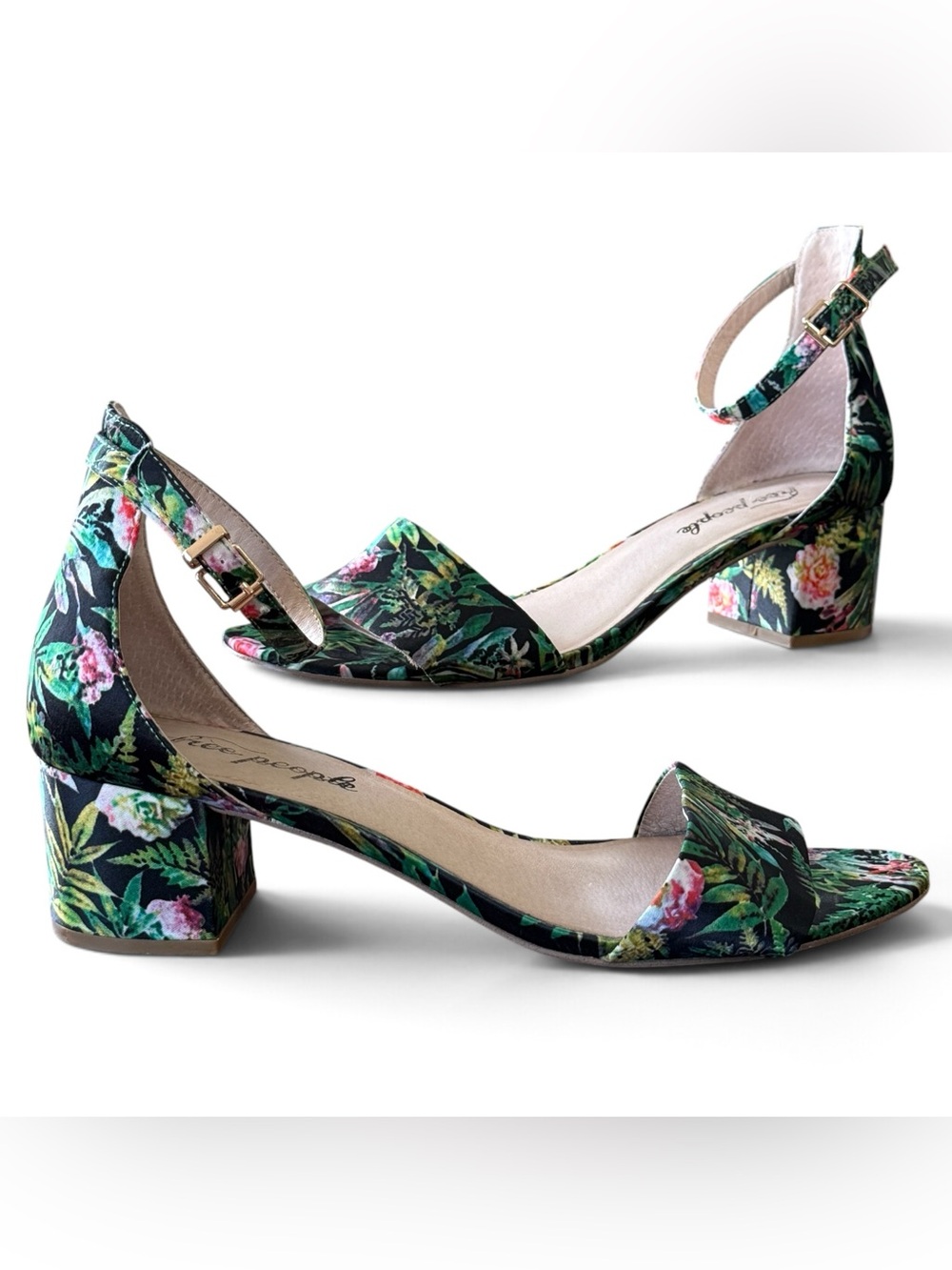 Free People Marigold Block Heel Sandals Black and Green Floral Tropical 40 = 9.5